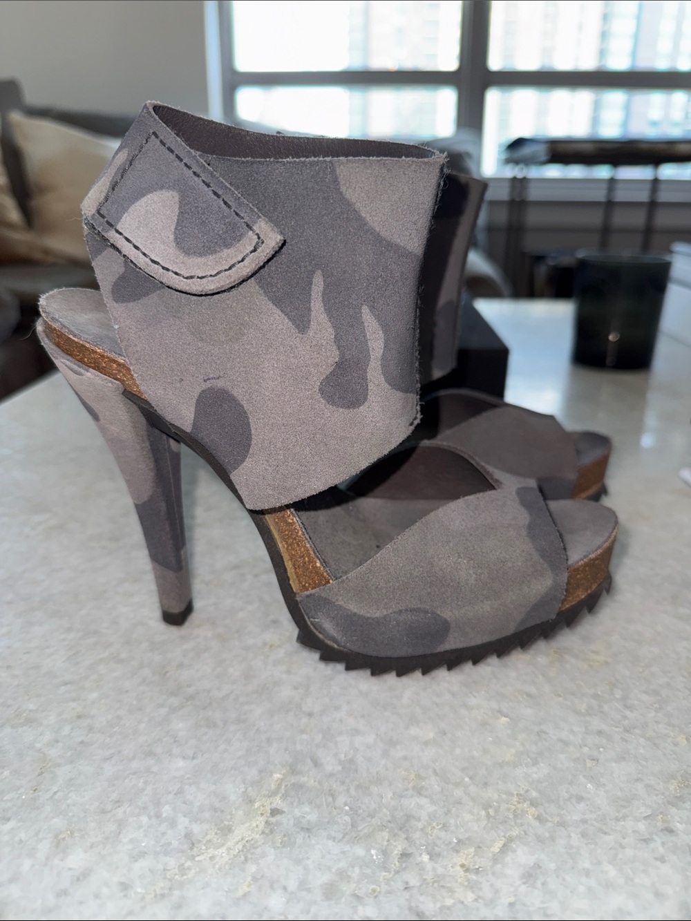 Pedro Garcia Gray Camouflage Suede High Heel Sandals